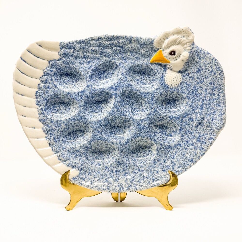 Vintage Treasure Craft Chicken Deviled Egg Plate Cottage Platter Blue White USA